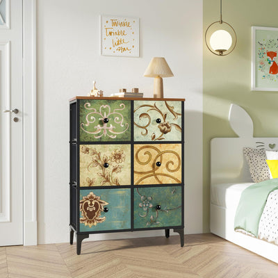 LYNCOHOME Kommode Schrank mit 6 Schubladen aus Stoff, Sideboard mit Stoffschubladen, Schubladenschrank für Küche Büro Flur, TV Schrank mit Stoff Schubladen