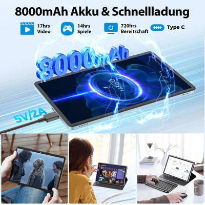 JJGJ Android Tablets,11 Zoll Tablet Android 14 mit Tastatur, 12GB+256GB, 1TB Expand, Octa-Core, 8000mAh, 2.4G/5G WiFi, 13MP+5MP Kamera, 2 in 1 mit Tastatur Tasche, Maus, Stylus(Schwarz)