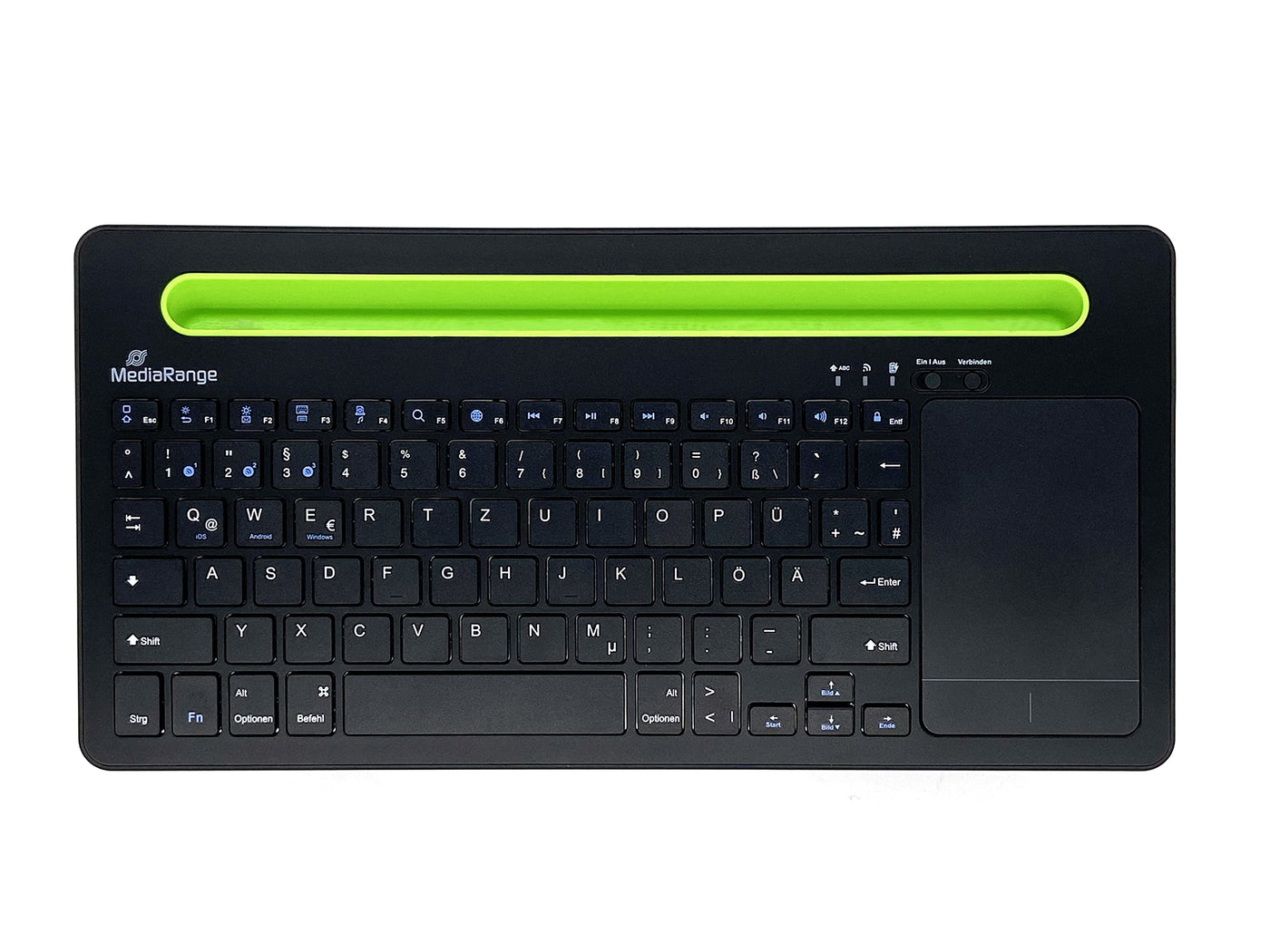 MediaRange, Bluetooth, kompakte Multi-pairing Funk-Tastatur mit 78 Tasten und Touchpad, QWERTZ (DE/AT/CH) Tastaturbelegung, schwarz/grün