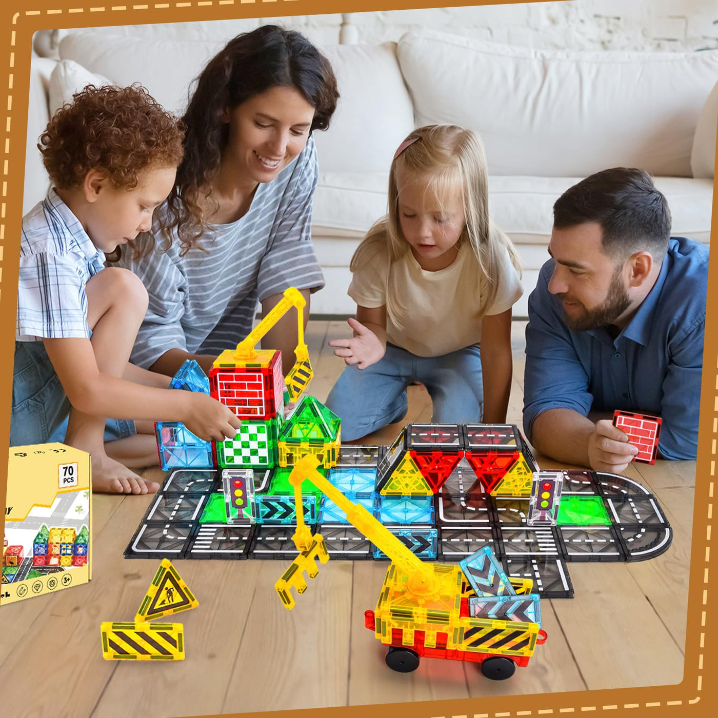 BuzzoXerex Magnetische Bausteine Stadtstraßen Set, 70 Magnetische Fliesen Straßenset, Magnetbausteine Set mit Ausfahrbarem Magnetkran, Magnet Spielzeug für Kinder ab 3 4 5 6 Jahre