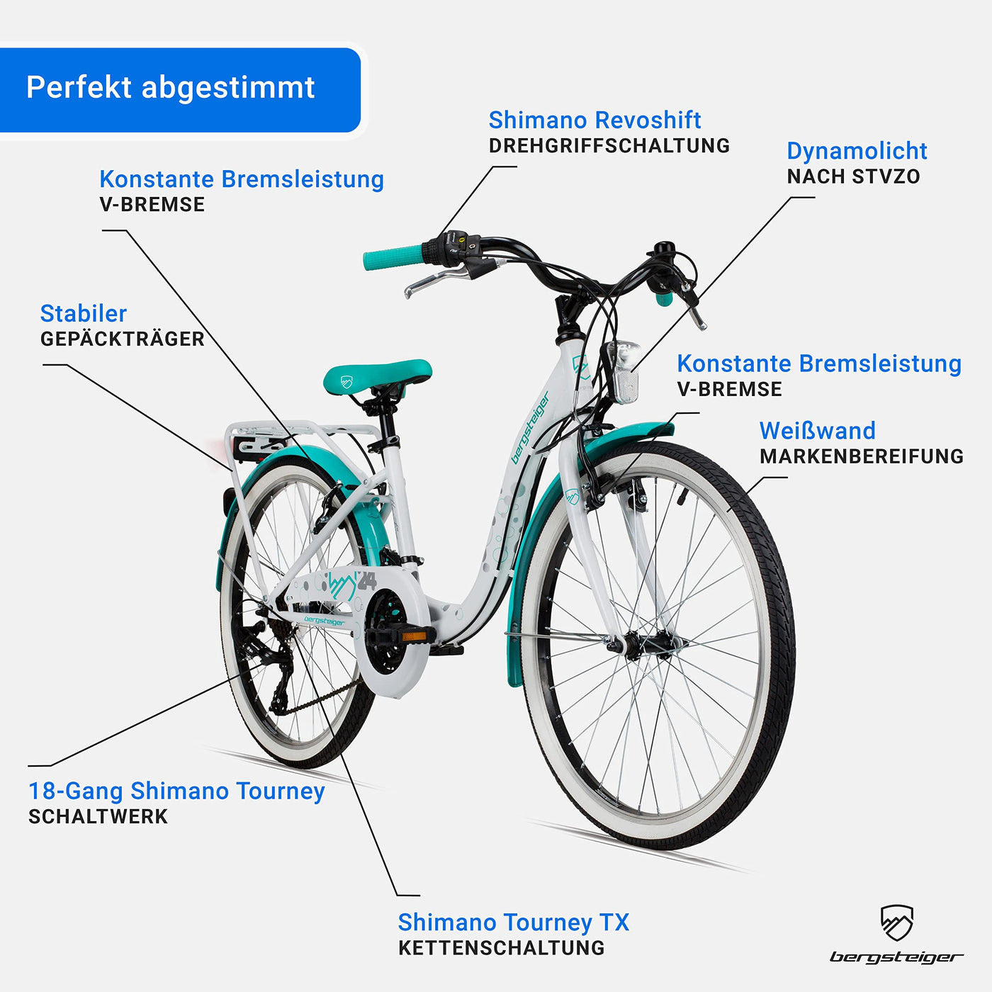 Bergsteiger Atlantis 20, 24 Zoll Kinderfahrrad, geeignet für 6,7, 8, 9, 10, 11 Jahre, StVZO, Shimano Schaltung, Mädchen-Fahrrad mit Dynamo-Licht