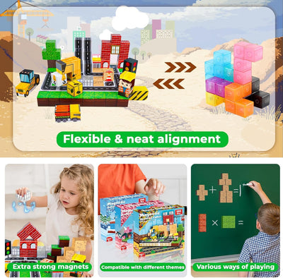 Annexfun Magnetische Bausteine Magnetische Bauwelt Straßenaufsatz Set Stadt mit Baufahrzeuge Magnetic Building Blocks Bagger Spielzeug ab 6 Jahren Baustellenfahrzeuge Kinder konstruktionsspielzeug
