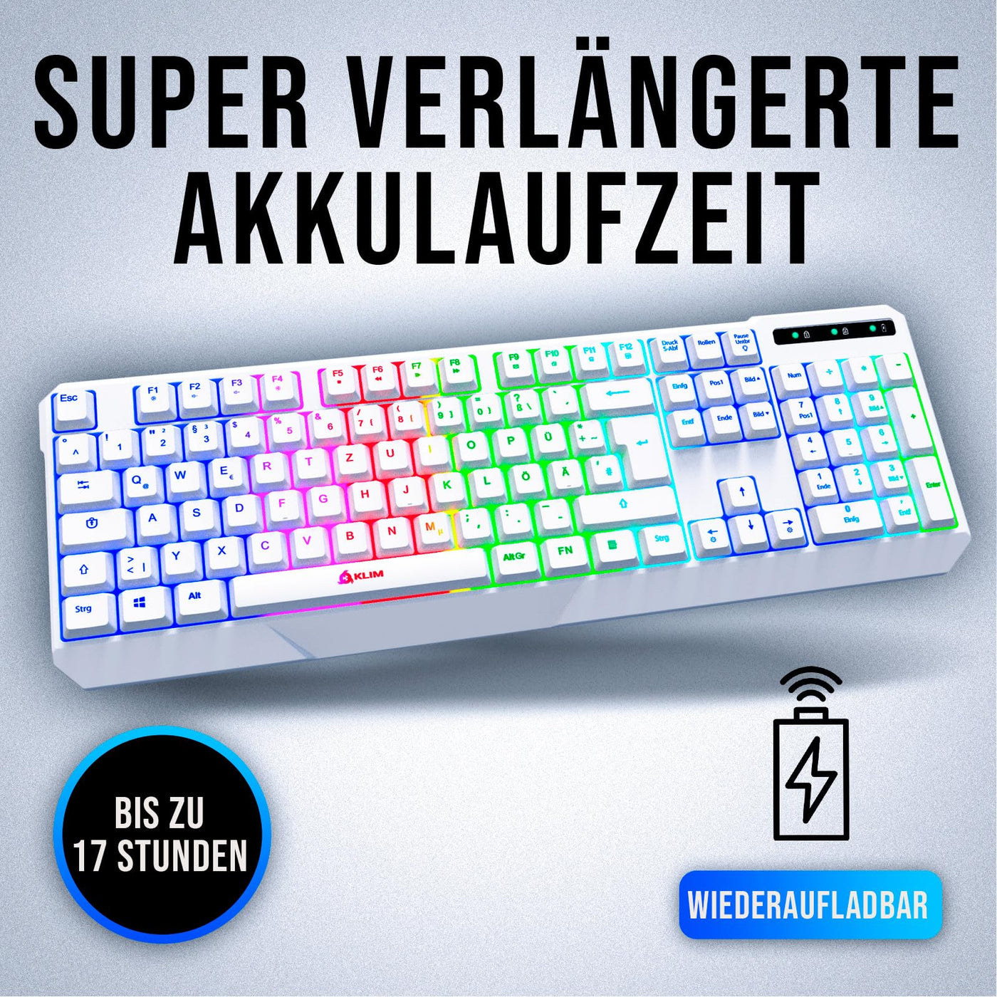KLIM Chroma Wireless Gaming Tastatur Kabellos QWERTZ DEUTSCH - NEU 2024 - Langlebig, Ergonomisch, Wasserdicht, Leise - RGB Kabellose Tastatur Gaming für PC PS4 PS5 Mac - Weiß