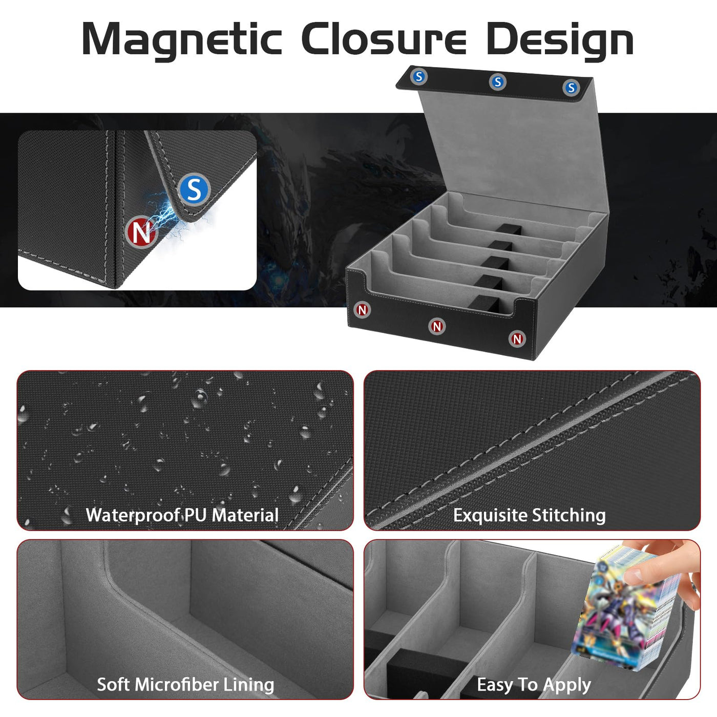 CAUTIOUS 5R Pokemon Deck Box, Sammelkarten Box für 3800+ Karten, MTG-deck Box, Trading Card Box mit 5 Verstellbaren Kartentrennern, mit 48 kompatiblen Kartenteilern (schwarz+grau)