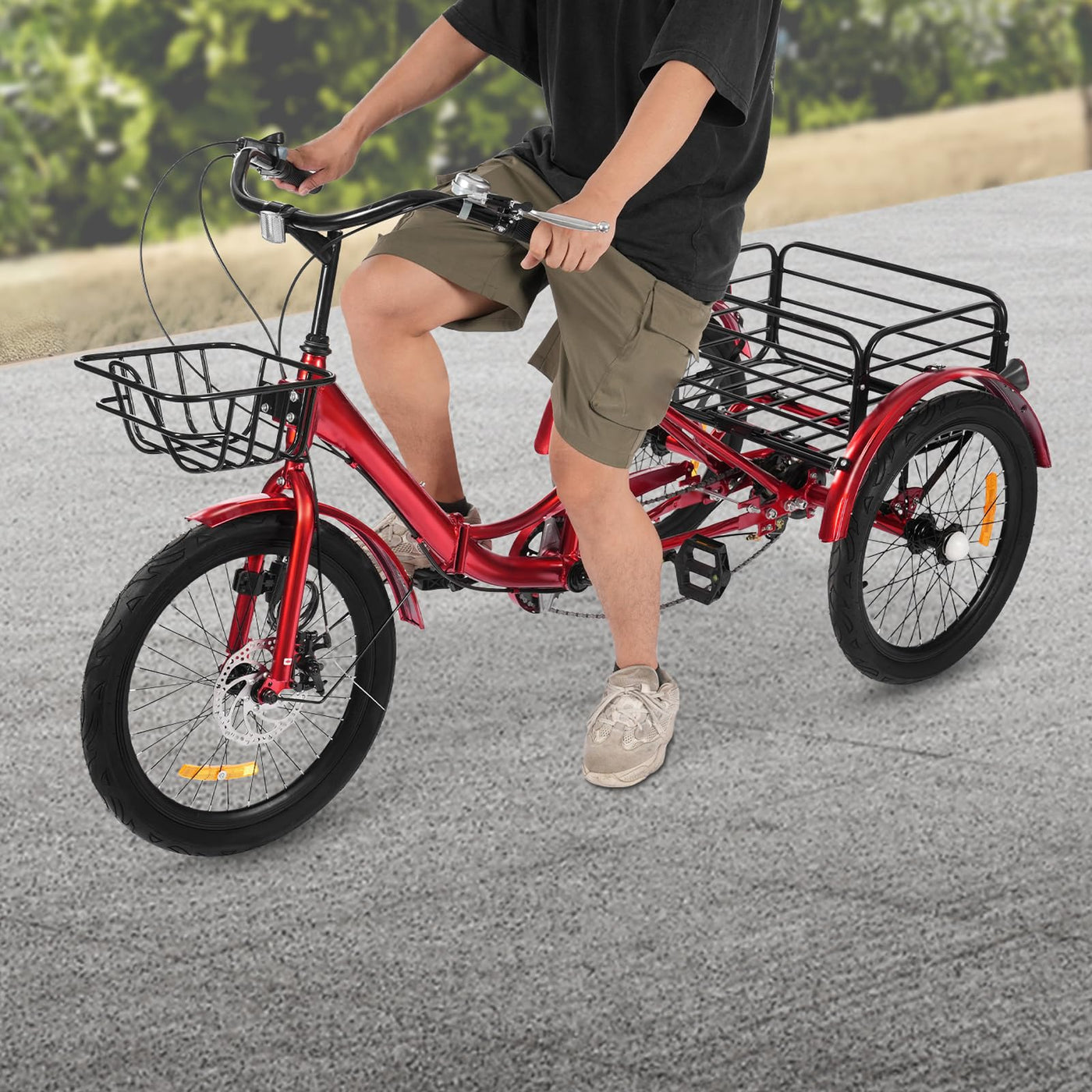 HuKaiL 20 Zoll Faltbar Dreirad für Erwachsene,7 Gang Klappbar Dreiräder mit Einkaufskorb, Höhenverstellbares Dreirädriges für Erwachsene und Senioren zur Freizeitgestaltung, Rot