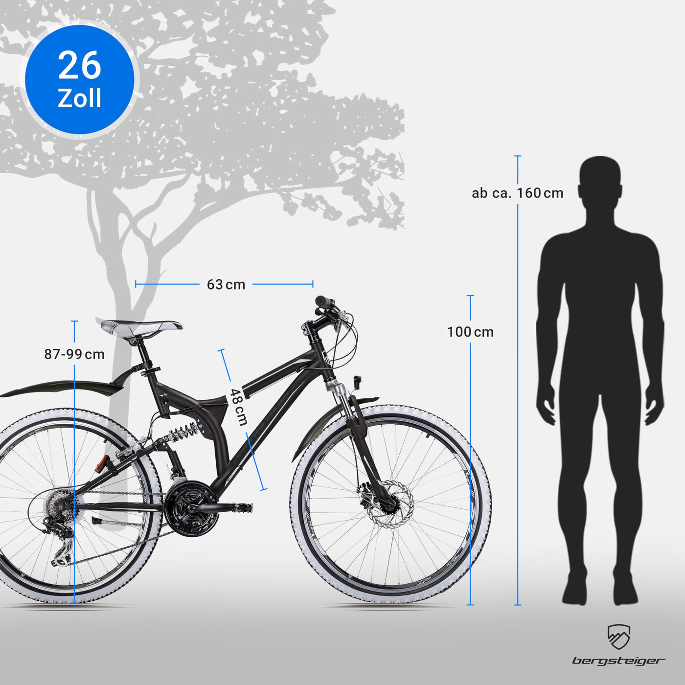 Bergsteiger Phoenix 26 Zoll Mountainbike, geeignet ab 160 cm, Scheibenbremse, Licht, Schutzblech, 21 Gang-Schaltung, Vollfederung