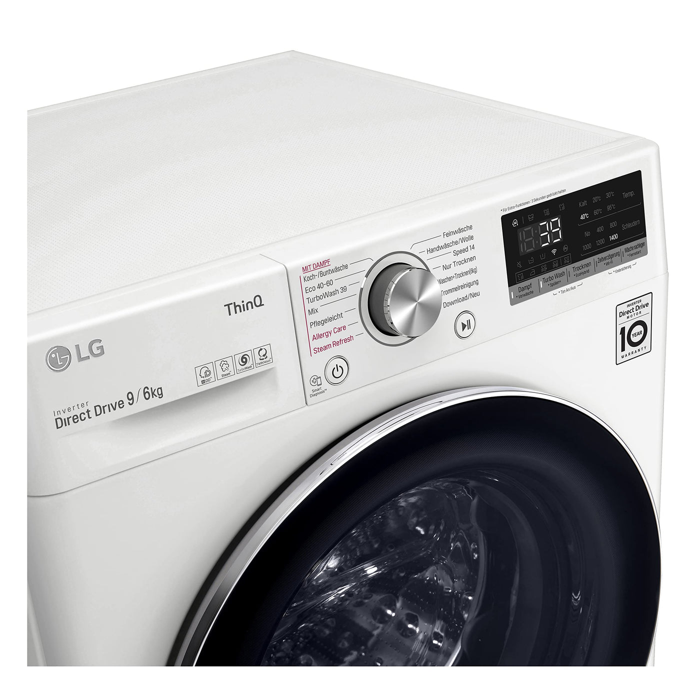 LG Electronics V7WD96H1A Waschtrockner mit AI DD | 9 kg Waschen | 6 kg Trocknen | 1400 U/Min | Steam | TurboWash 360° | Neue Wohlfühl-Trommel | Wi-Fi-Funktion | Weiß