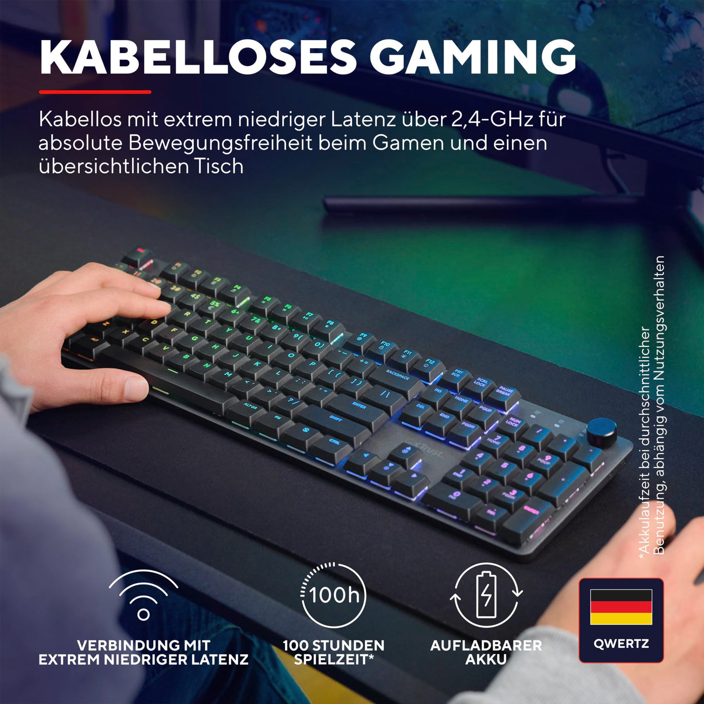 Trust GXT 868 Torix Mechanische Tastatur Kabellos Deutsches QWERTZ Layout, RGB Wiederaufladbare Gaming Tastatur 2.4 GHz 100H Akkulaufzeit, Huano-Switches Flache Tasten, Programmierbar, PC Laptop