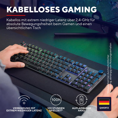Trust GXT 868 Torix Mechanische Tastatur Kabellos Deutsches QWERTZ Layout, RGB Wiederaufladbare Gaming Tastatur 2.4 GHz 100H Akkulaufzeit, Huano-Switches Flache Tasten, Programmierbar, PC Laptop