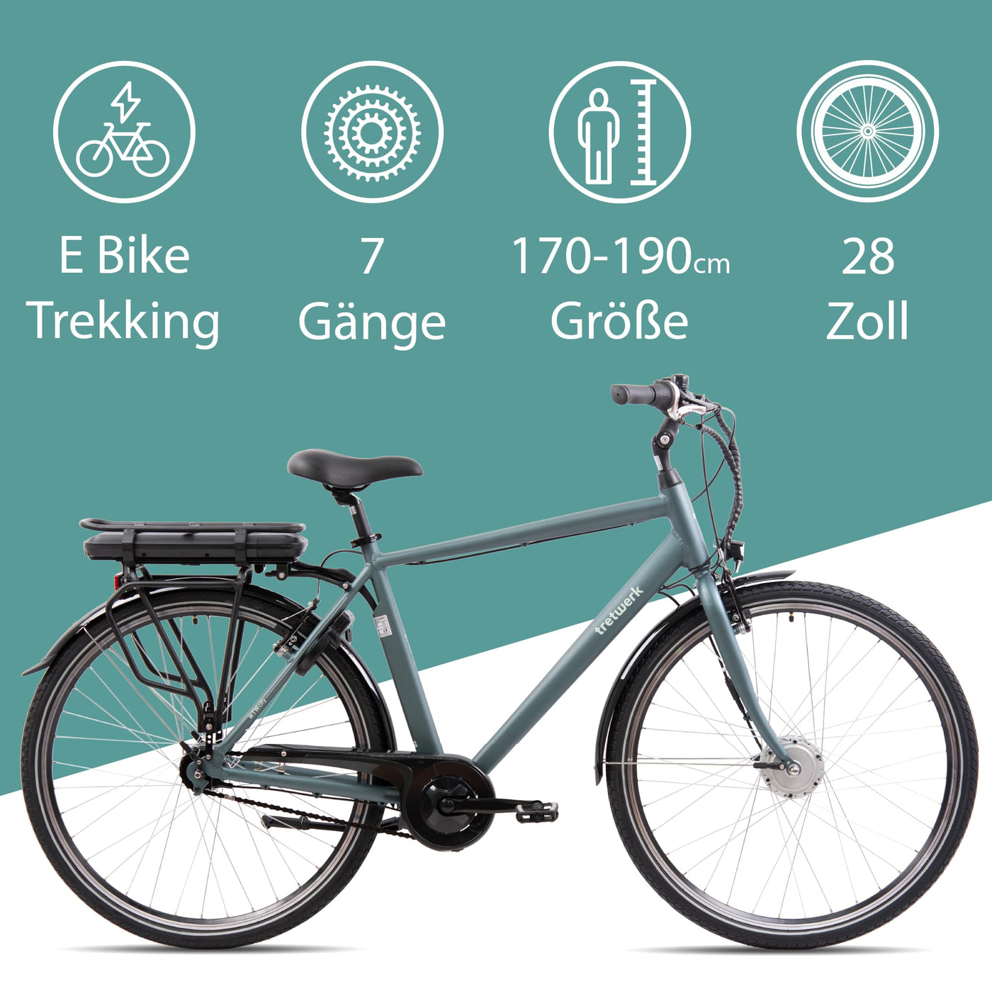TRETWERK - 28 Zoll E-Bike Herren Pedelec - Mystic grau - E-Citybike Herrenfahrrad mit 7 Gang Shimano Nexus Nabenschaltung - Elektrofahrrad mit Frontmotor 250W, 36V