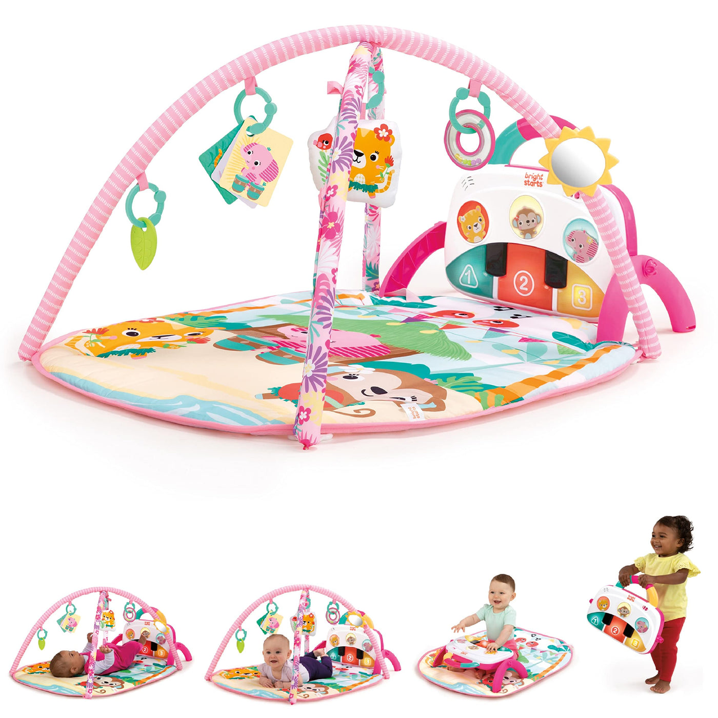 Bright Starts, 4-in-1 Groovin’ Kicks Piano and Drum Activity Gym Play Mat, Detachable Toys, Languages, Lights, Sounds and Music, Newborn and up - Floral Fiesta