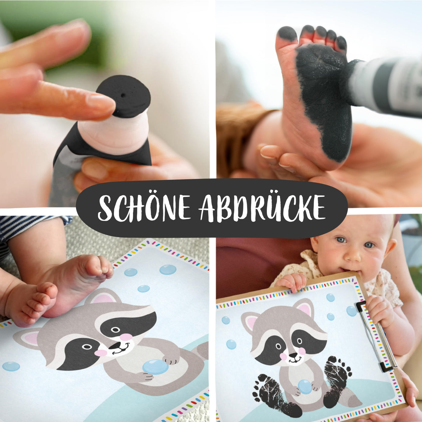 Miniwerk Bio Malfarbe Schwarz mit Schwammaufsatz aus natürlichen Rohstoffen, schadstofffrei wie Fingerfarbe - Fußabdruck Baby - Erinnerung und Dekoration für Baby- & Kleinkinderzimmer