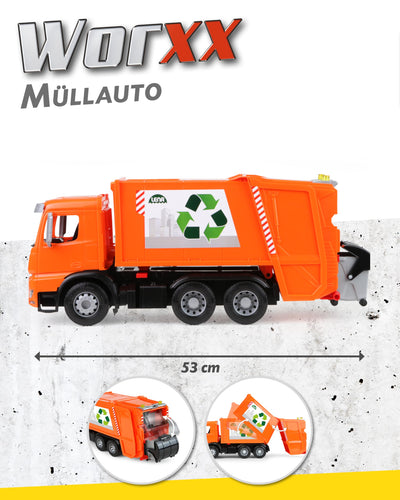 Lena 4614 Worxx Müllauto Mercedes Benz Arocs, Spielauto ca. 53 cm, Nutzfahrzeug für Kinder ab 3 Jahre, robuster Müllwagen mit 2 Mülltonnen und realitischen Spielfunktionen, orange