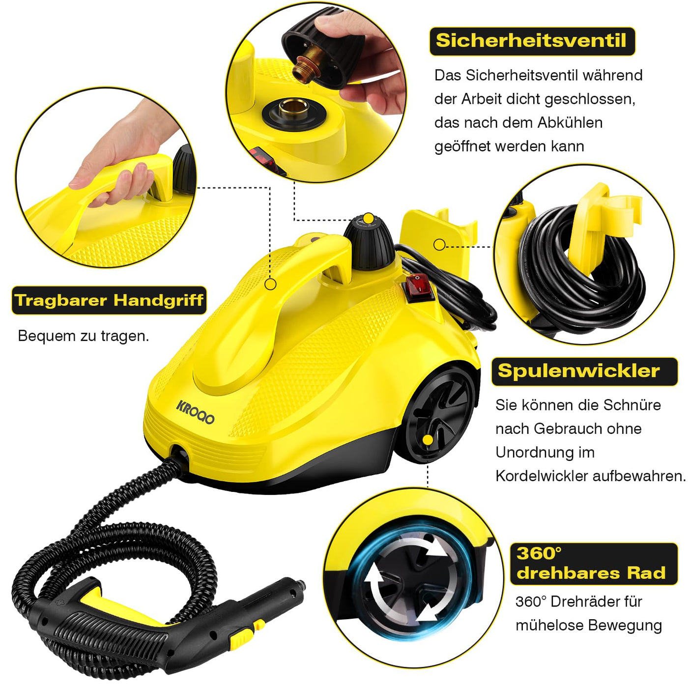 KROQO Dampfreiniger,Mehrzweck-Dampfreiniger Handgerät,Dampfreiniger für alles mit 23-Zubehörteilen,Entfernen von Tapeten,Boden,Teppich,Sofa,Polstermöbel,Auto,Fliesen,Polster,Bad- 1.5L Steam Cleaner