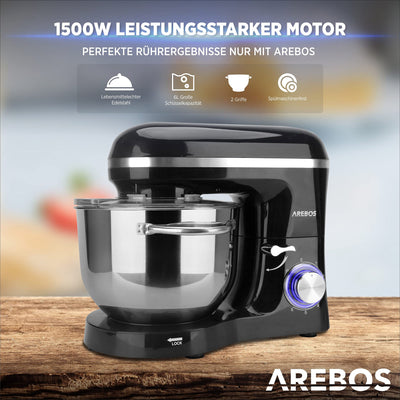 Arebos Küchenmaschine 1500W mit 6L Edelstahl-Rührschüssel | Rot | inkl. Rührhaken, Knethaken, Schneebesen | Spritzschutz | 6 Geschwindigkeiten | Knetmaschine | Teigmaschine