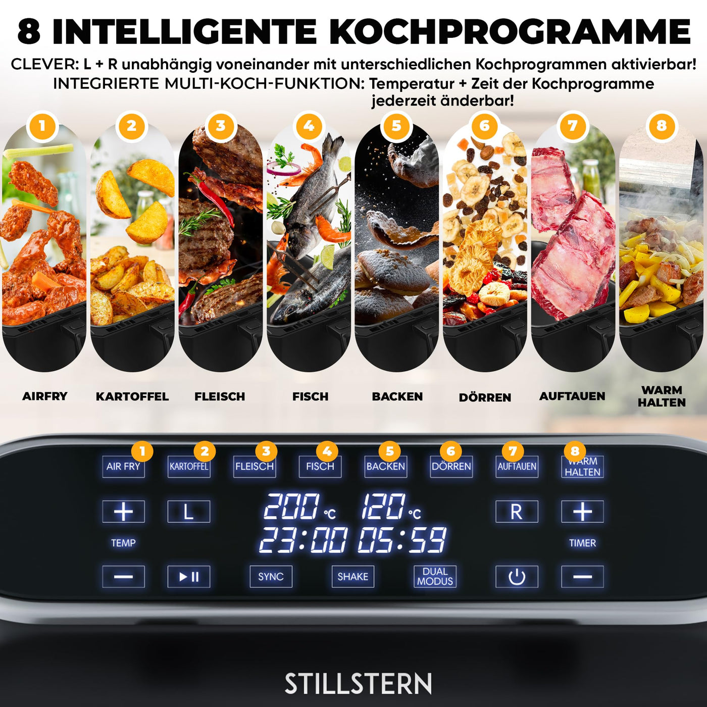 Stillstern Dual Zone Heißluftfritteuse 8L [für 1-8 Pers], 2400W, NEU: HeatingFlow Technologie, 80-200°C, Shake-Funktion, 120 Rezepte [DEUTSCH], 8 Programme, Dörren, Auftauen&Warmhalten, Air Fryer