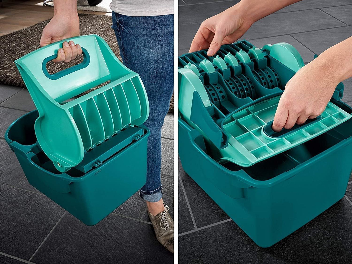 Leifheit Set Wischtuchpresse Profi Compact mit Bodenwischer und 3-teiligem Stiel, wie handgewrungen auspressbar, platzsparendes Wischset mit Mikrofaser Wischbezug für Fliesen und Laminat, Click-System