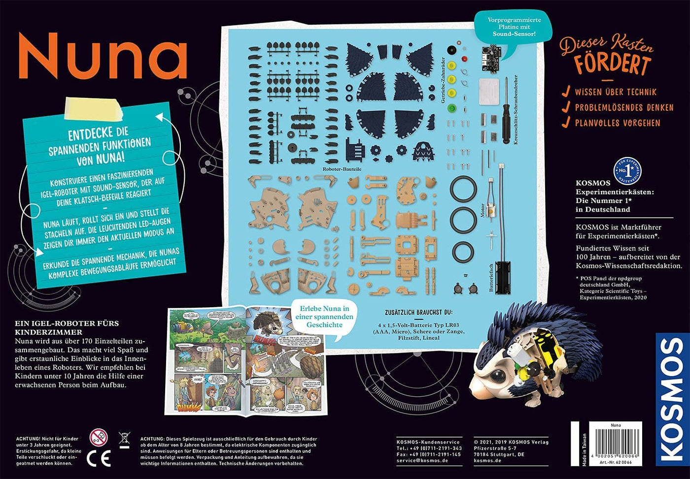 Kosmos 620066 Nuna - Dein Igel-Roboter, Roboter-Bausatz, Rückwärtsrollen durch klatschen, laufen, Stacheln aufstellen, Spielzeug für Kinder, Bionik-Modell, Experimentierkasten ab 8-12 Jahre, Mittel