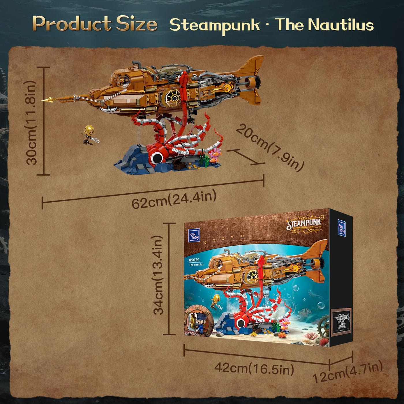 PANTASY Steampunk Nautilus U-Boot Klemmbausteine Set, Modulares 3-Sektionen-Design mit Zahnrad-Propeller, Mini-Boot & Unterwasser-Abenteuerszene, Retro Mechanisches Sammlermodell für Erwachsene