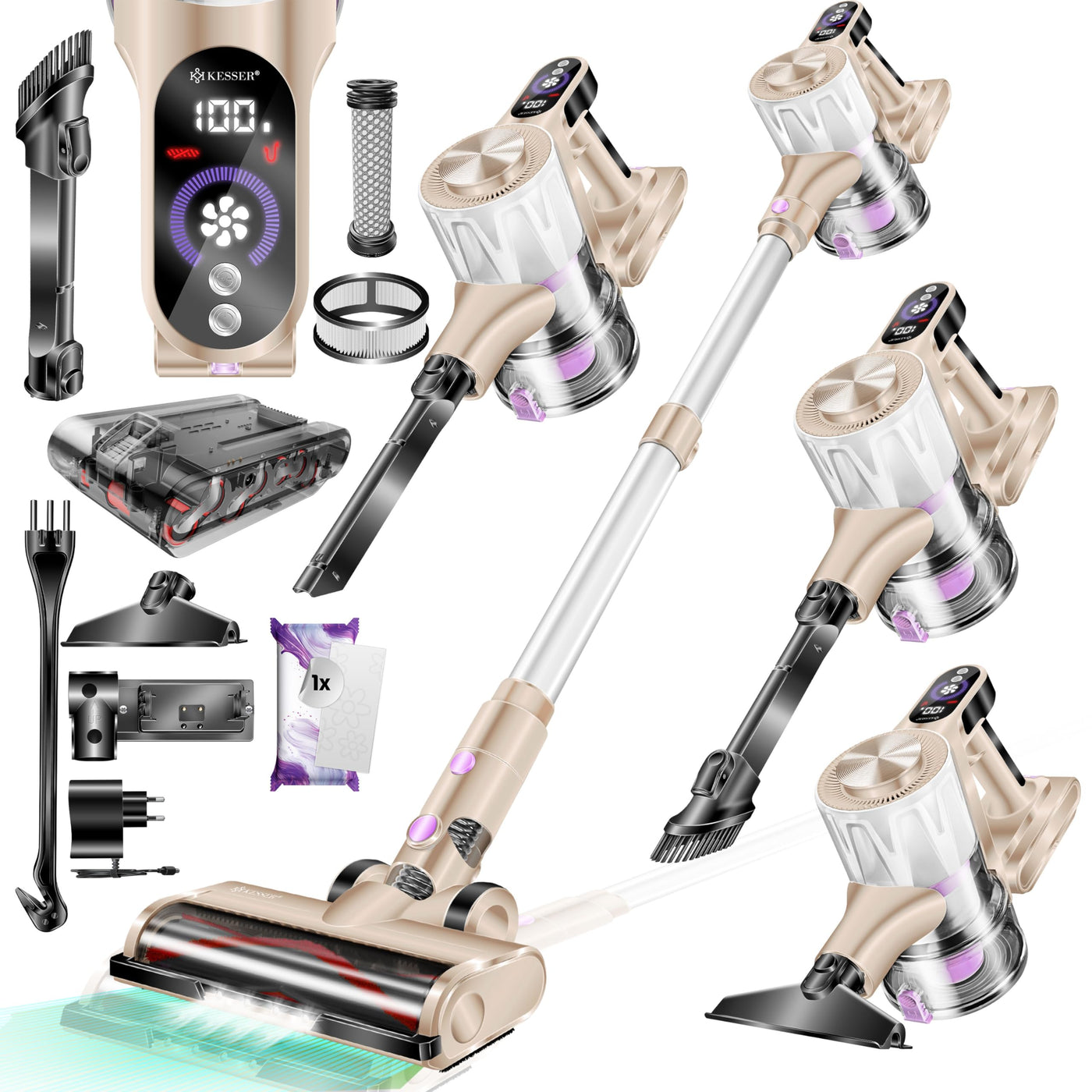 KESSER® Akku-Staubsauger 2in1 | Handstaubsauger ohne Beutel mit HEPA-Filter | Akkusauger bis 45 Min. Laufzeit + Fugendüse & Staubbürste | LED-Licht XL Staubbehälter für Hartböden Teppich Tierhaare