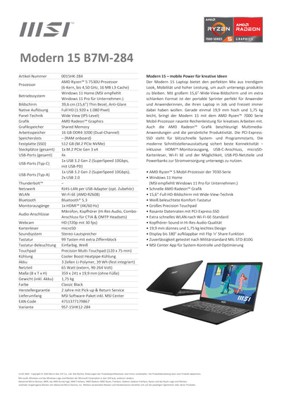 MSI Modern 15 Lifestyle & Business Laptop, 15,6 Zoll Full HD Display, AMD Ryzen 5 7530U Prozessor, 16 GB DDR4 RAM, 512GB SSD, AMD Radeon Graphics, Windows 11 Home, Schwarz, B7M-284
