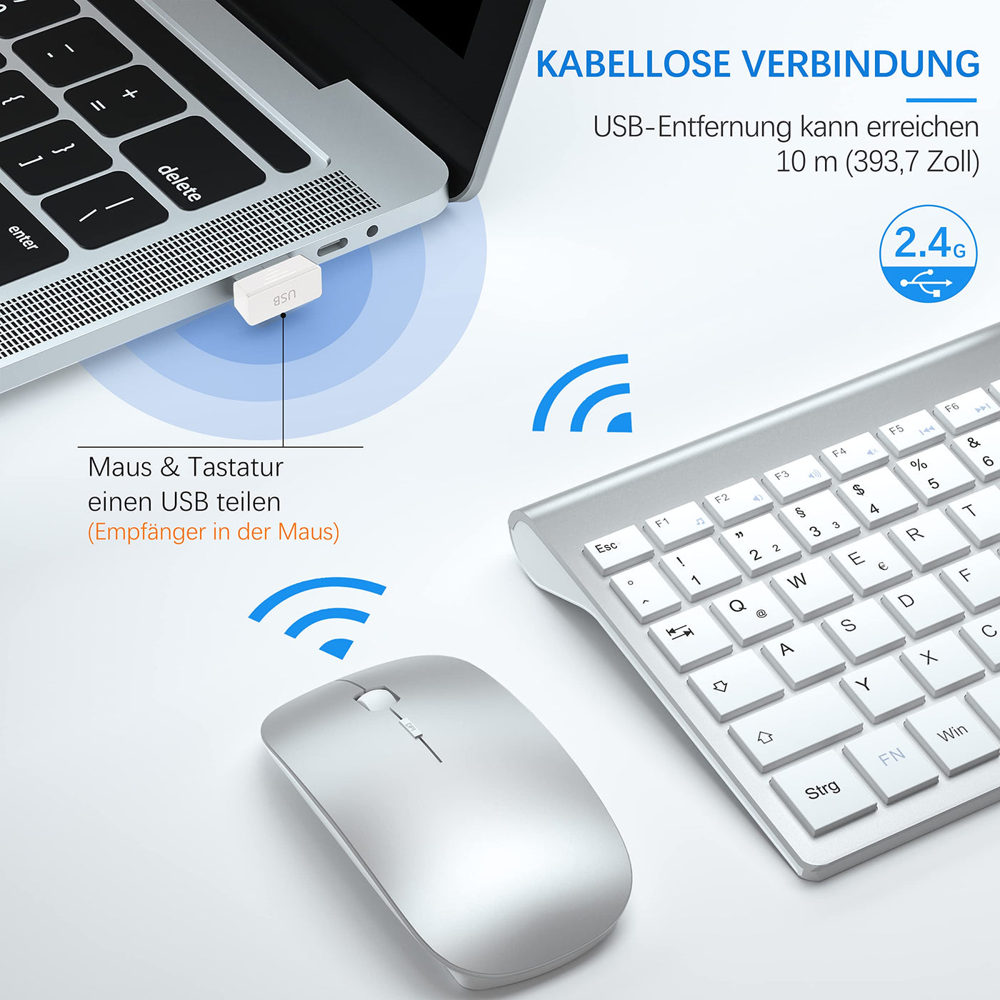 Tastatur Maus Set Ultra Slim, TopMate 2,4G Stille Compact USB 2400DPI Maus und Schissschalter Tastatur mit Abdeckung mit 2 AA & 2 AAA Batterien für PC/Laptop/Windows/Mac - Silber Weiss