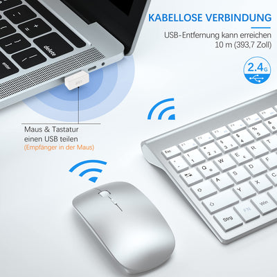 Tastatur Maus Set Ultra Slim, TopMate 2,4G Stille Compact USB 2400DPI Maus und Schissschalter Tastatur mit Abdeckung mit 2 AA & 2 AAA Batterien für PC/Laptop/Windows/Mac - Silber Weiss