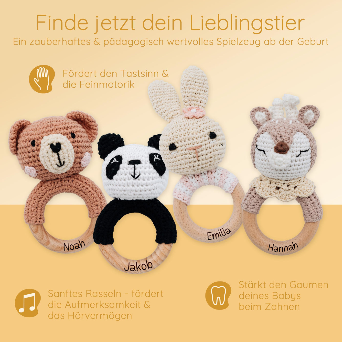 Bärenfreunde® - Personalisierter Beißring Baby - Niedlicher Greifling für Baby's ab 0 Monate - Babyrassel mit Name als Baby Geschenk für Mädchen und Jungen (Elefant,mit Name)
