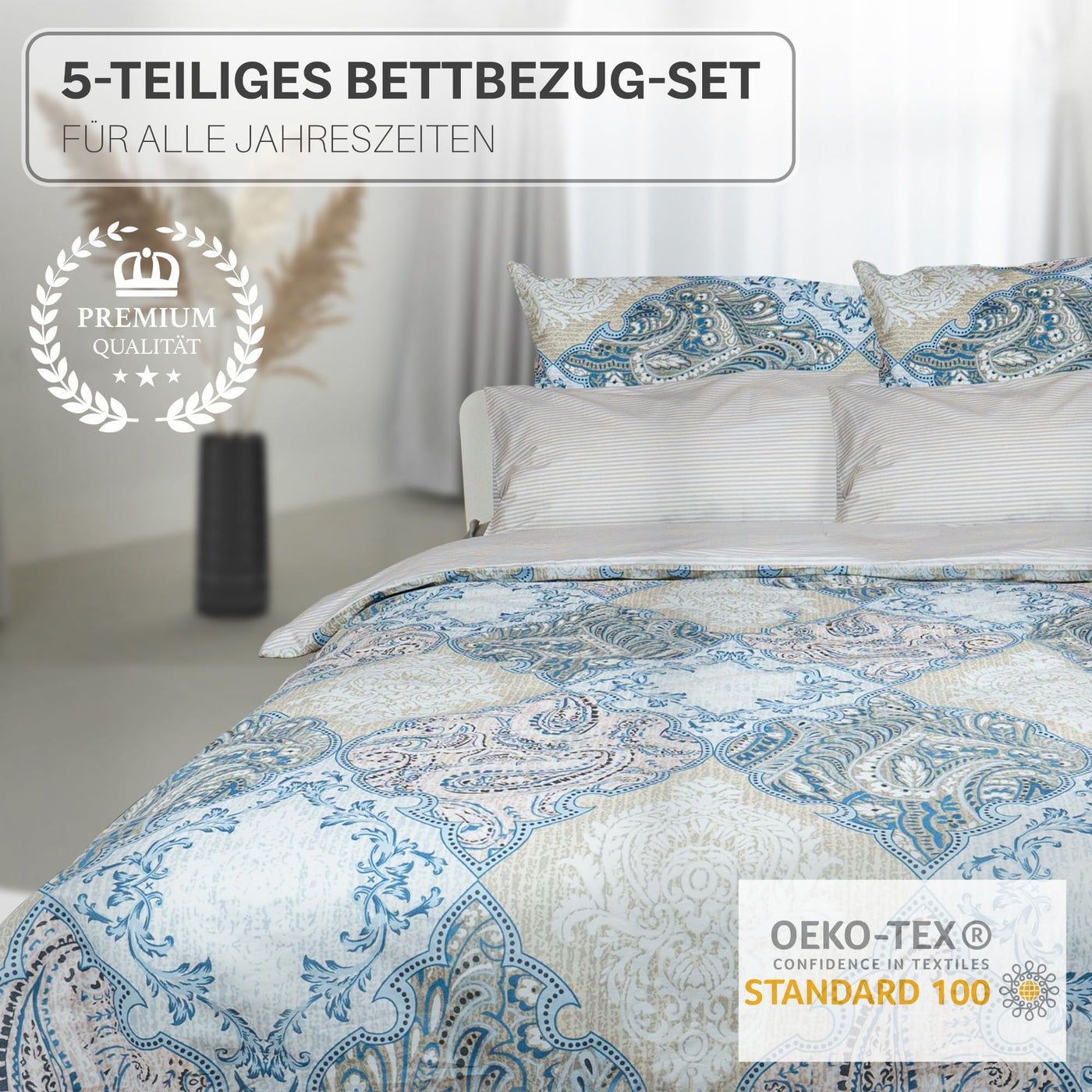 iNaAm Bettwäsche-Set 5-teilig 200x200 Baumwolle Bettbezug mit Knöpfen +2 Kissenbezug 80x80 +2 Kissenbezug 40x80 mit Hotelverschloß für Sommer&Winter (Blau, Doppel)