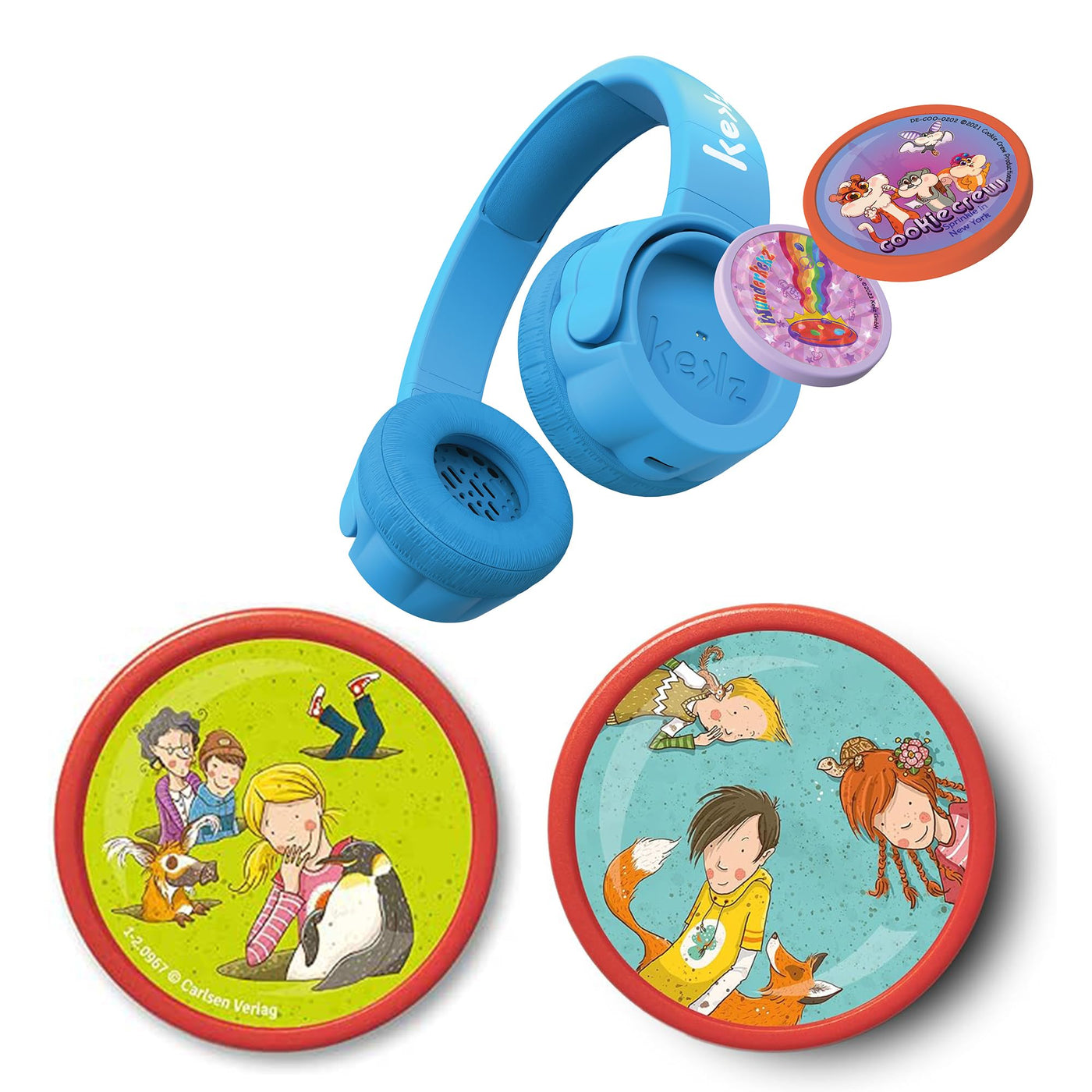 Kekz Starterset: Kekzhörer blau inkl. Cookie Crew Hörspiel & Wunderkekz, Amazon exklusiv mit 2x Audiochip „Die Schule der magischen Tiere“, Kopfhörer für Kinder, Reisekopfhörer für unterwegs & zuhause