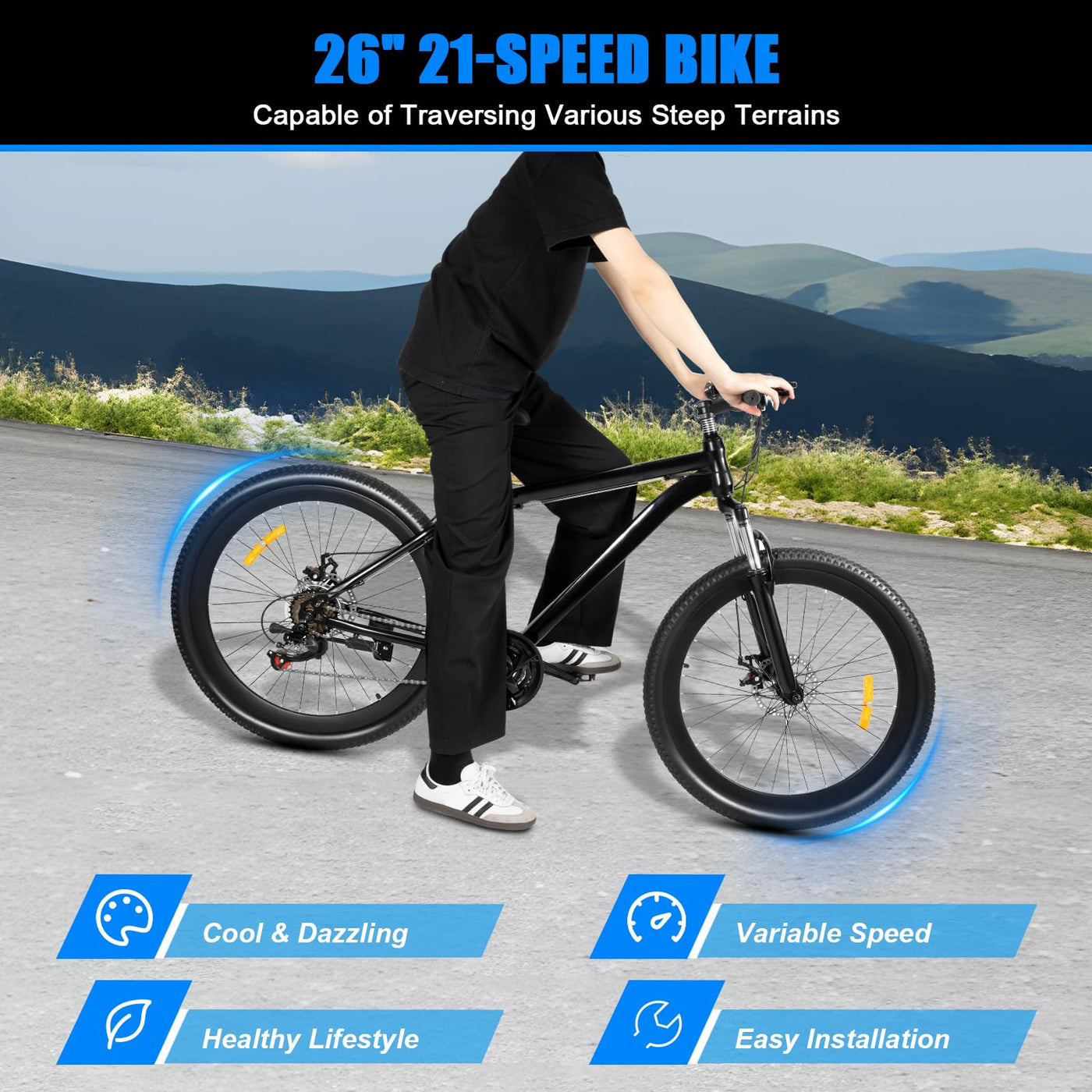 DSYOGX 26 Zoll Mountainbike, 21-Gang-Schaltung Fahrrad für 1.65-1.80m Höhe Jungen Mädchen Erwachsene, Scheibenbremse, Einstellbare Sattelhöhe 80-95cm, Einfachheit
