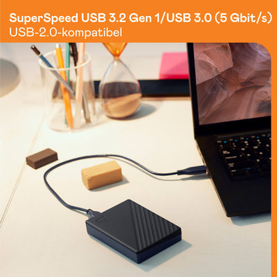 WD My Passport externe Festplatte 2 TB (mobiler Speicher, schlankes Design, herunterladbare Software, automatische Backups, Passwortschutz) Schwarz - auch kompatibel mit PC, Xbox und PS4