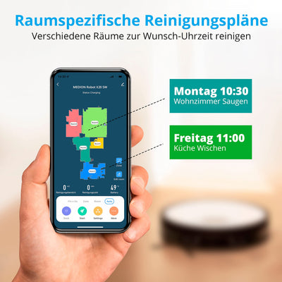 MEDION Saugroboter mit Absaugstation und Wischfunktion X20 SW+ (Lasernavigation, Starke 3000Pa Saugkraft, 2in1 Roboterstaubsauger, präzise Kartenerstellung, Go & No Go Bereiche, mehrere Etagen)