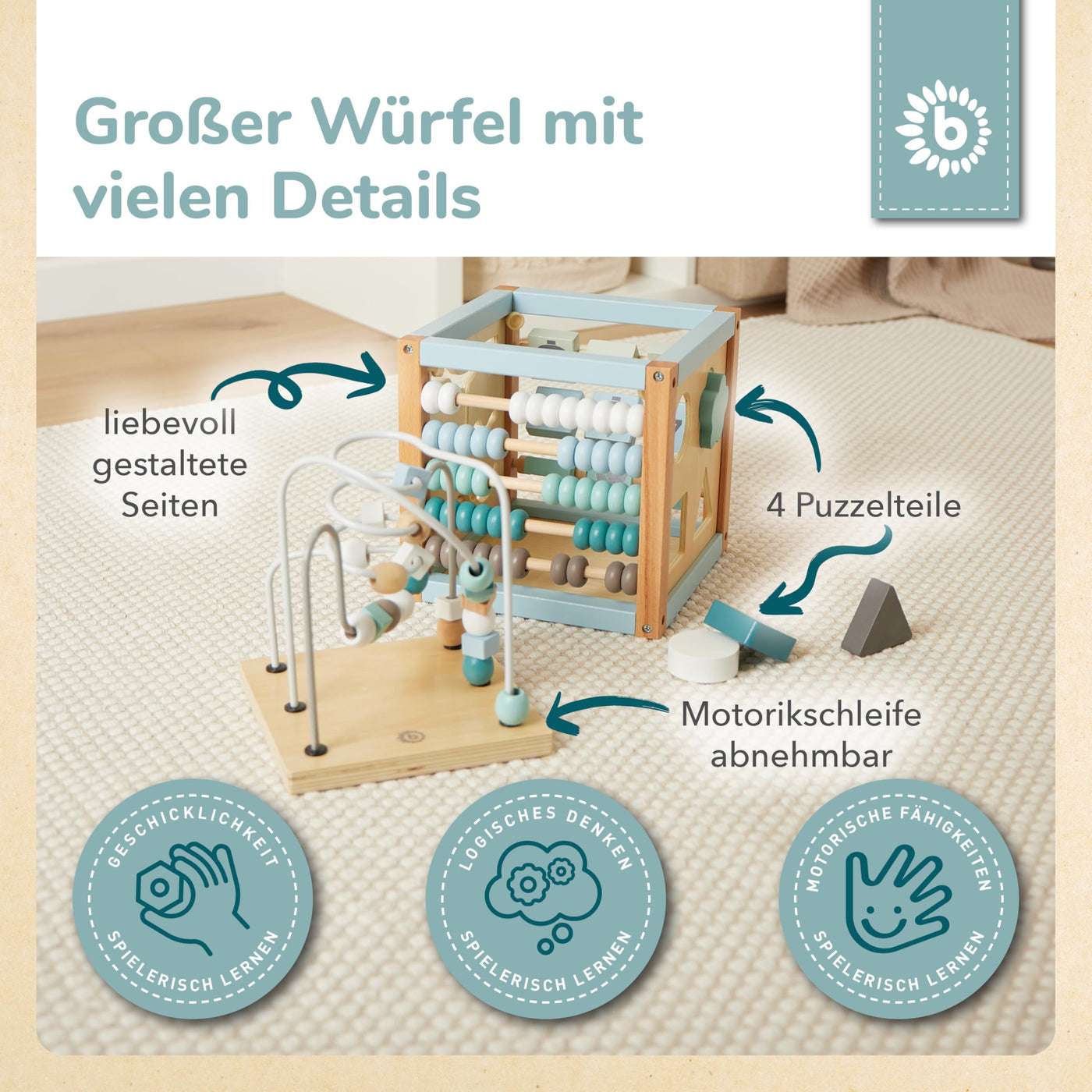 Bieco Motorikwürfel Scandi-Chic nachhaltiges Holz FSC® | Motorikspielzeug ab 1 Jahr | Activity Center Baby Spielzeug 1 Jahr | Motorikwürfel Holz | holzspielzeug ab 1 Jahr motorikschleife ab