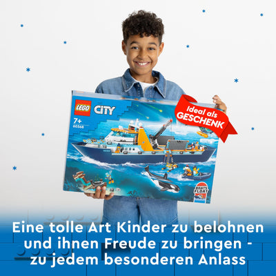 LEGO City Arktis-Forschungsschiff, großes schwimmfähiges Spielzeug-Boot mit Hubschrauber, Beiboot, ROV-U-Boot, Wikingerschiffswrack, 7 Minifiguren & Orca-Figur, Geschenk für Kinder ab 7 Jahren 60368