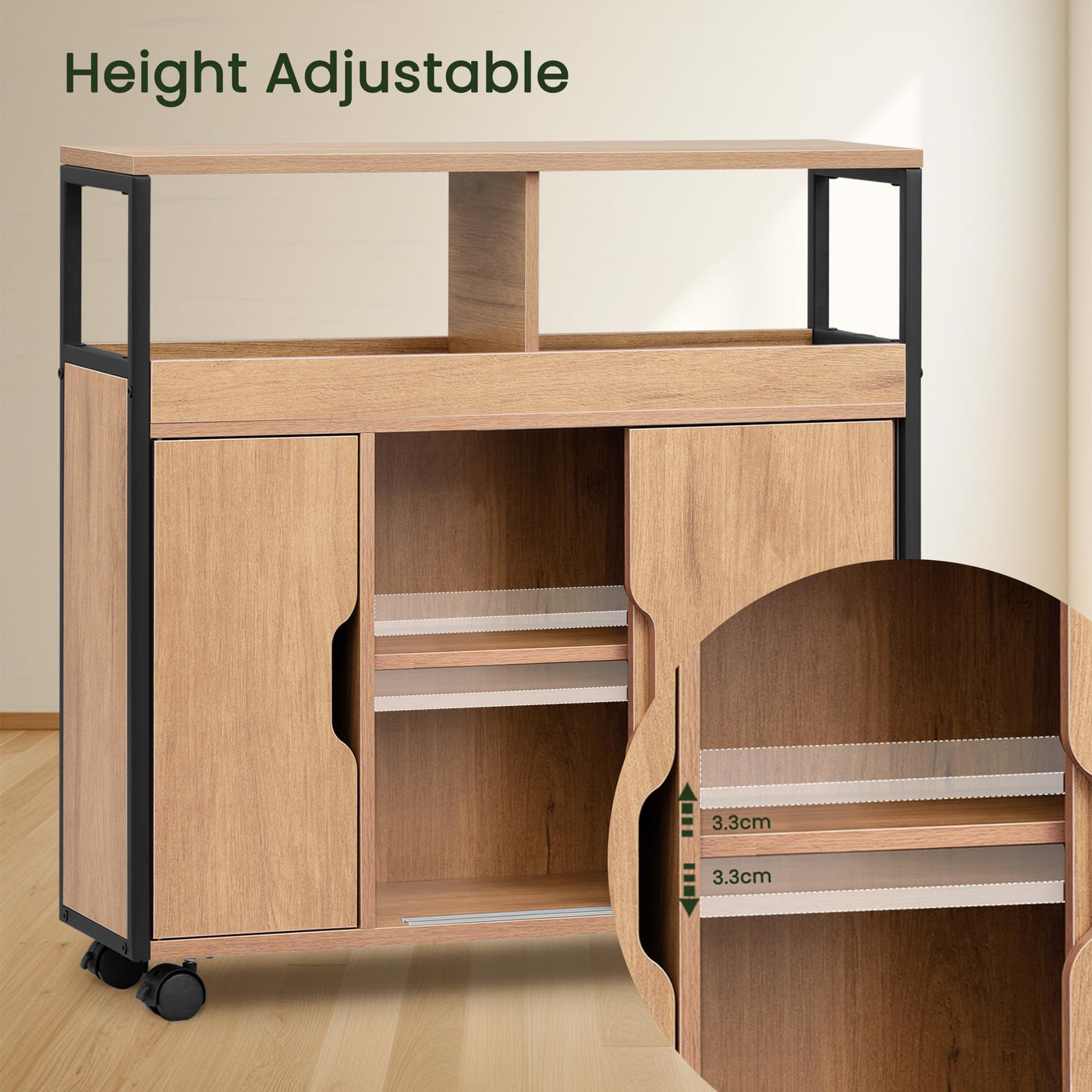 EUGAD Badezimmerschrank, Nischenschrank schmal, Badschrank mit 2 offenen Fächern, Verstellbarer Ablage, Schiebetüren, Nischenregal mit Rollen, 70x70x20 cm, schwarz helle Eiche