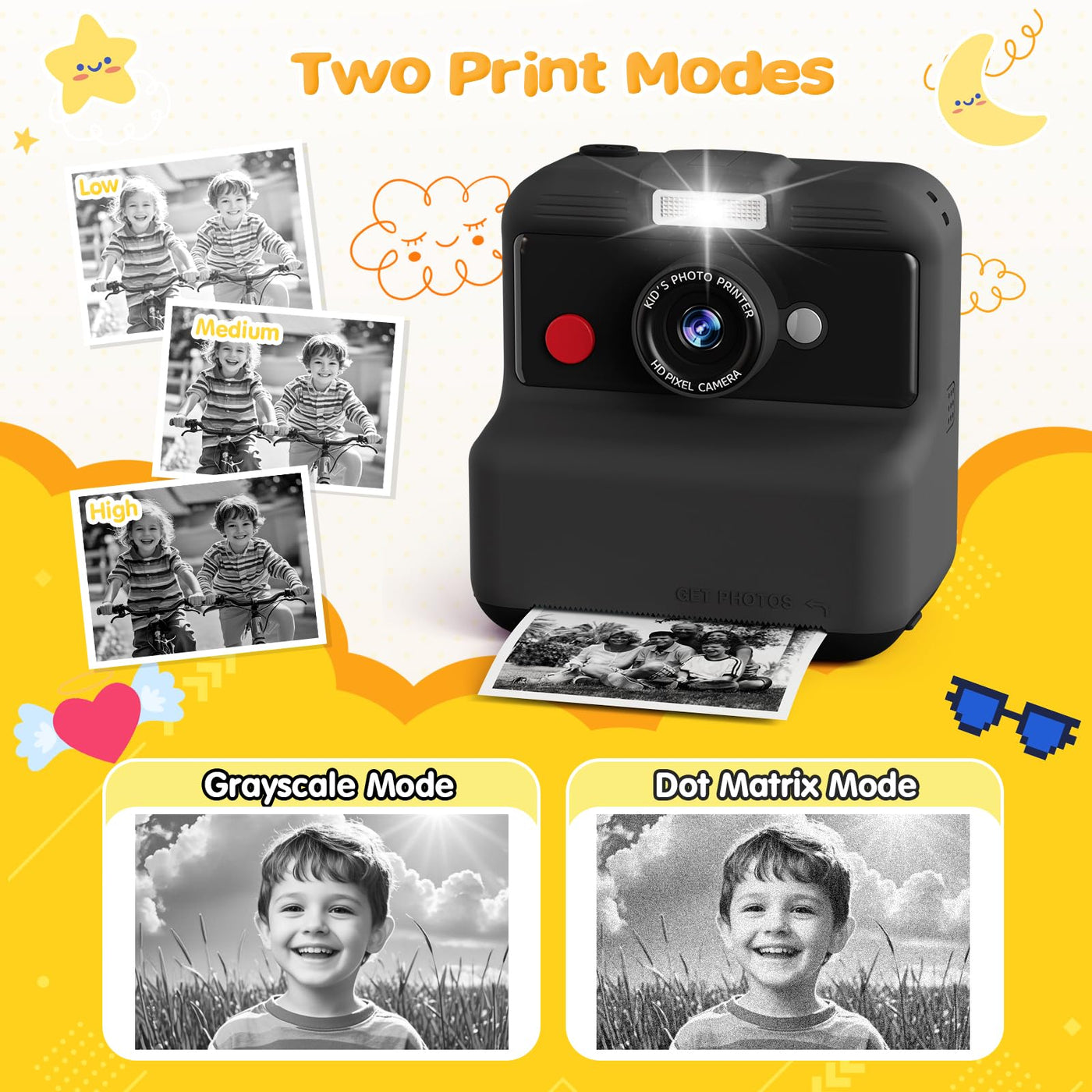 CAMCLID Sofortbildkamera Kinder, 3,0 Zoll Bildschirm Kinderkamera Sofortbildkamera, 48MP/1080P Kinder Kamera Sofortdruck mit 32GB Karte, Spielzeug Geschenk für Jungen und Mädchen 3-12 Jahre(Schwarz)