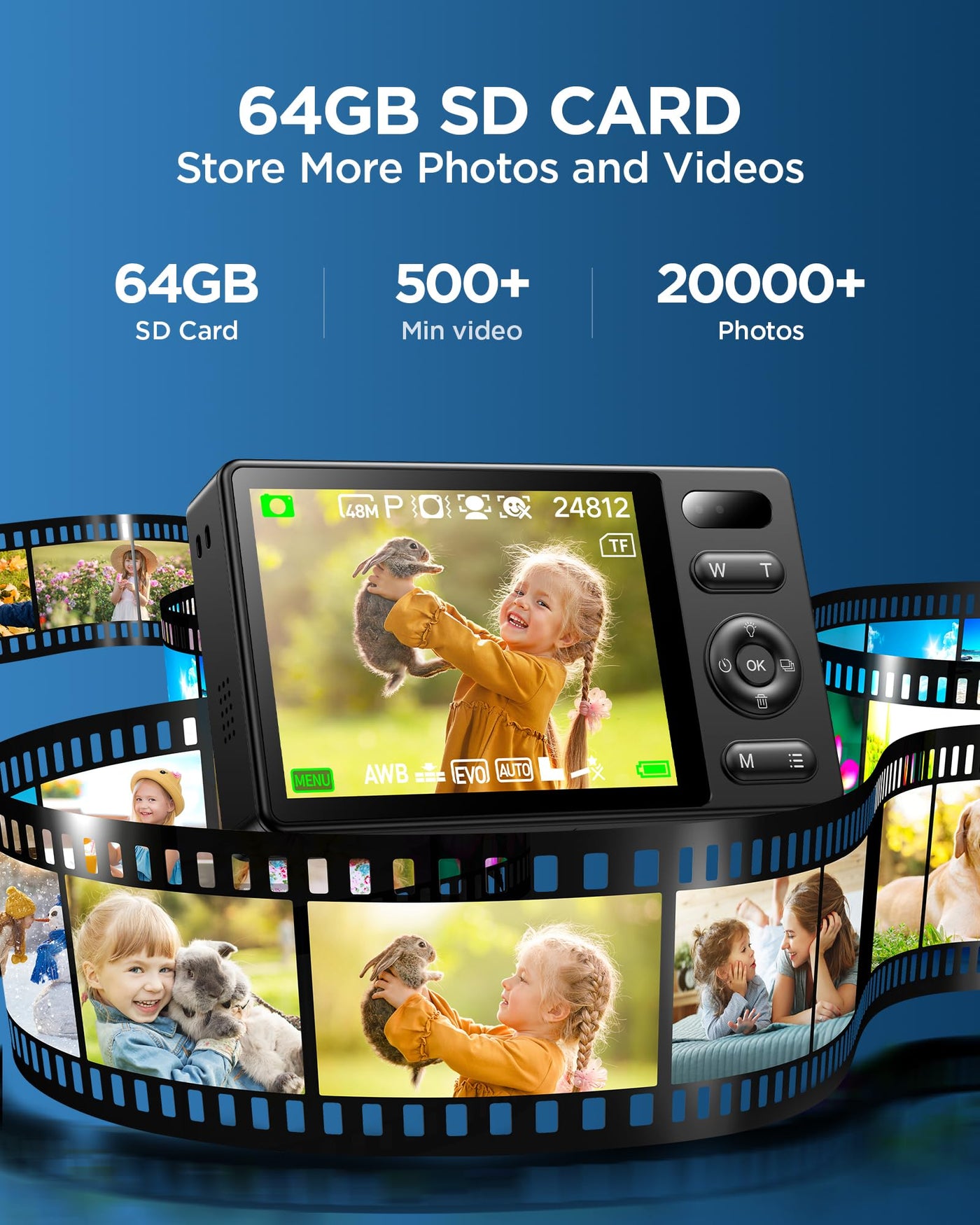 64GB Digitalkamera Kinder Fotokamera: 48MP Anti-Shake Kinderkamera Foto, Vlogging Fotoapparat für YouTube 16X Digital Zoom Appareil Foto Serienaufnahme Selfie Kompaktkamera für Fotografie