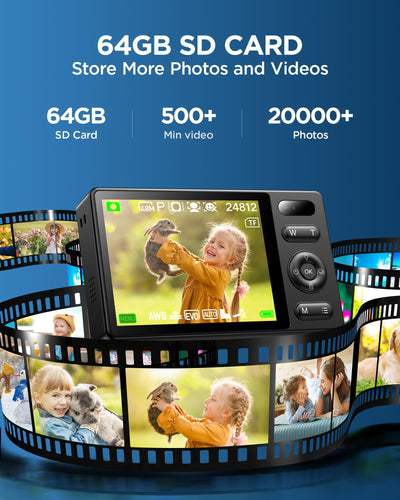 64GB Digitalkamera Kinder Fotokamera: 48MP Anti-Shake Kinderkamera Foto, Vlogging Fotoapparat für YouTube 16X Digital Zoom Appareil Foto Serienaufnahme Selfie Kompaktkamera für Fotografie