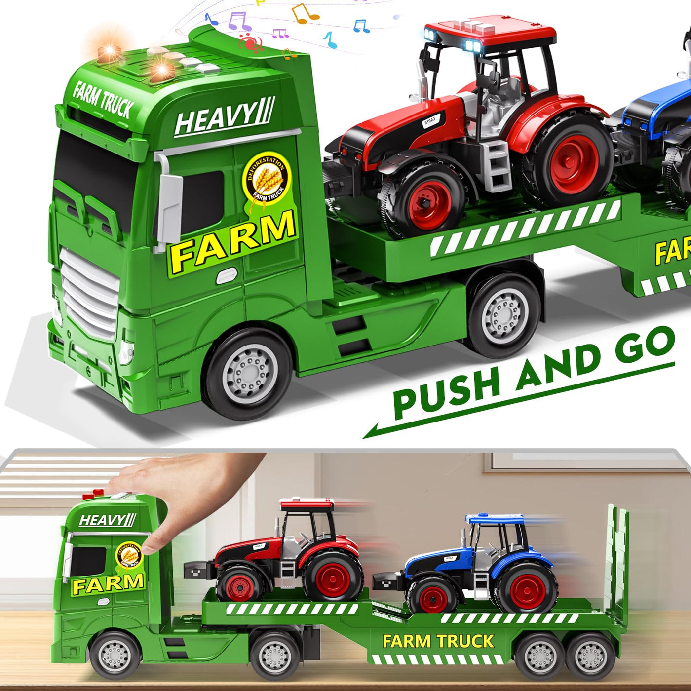 Tacobear Traktor Spielzeug mit Anhänger, Großer Bauernhof Traktor mit Licht und Sound Auto Transporter LKW Spielzeug Trecker Fahrzeuge Kinder Spielzeug ab 3 4 5 6 Jahre Junge Geschenk