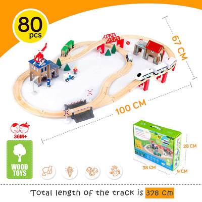 Green series Holzeisenbahn Set für Kinder - Eisenbahn Holz | Spielzeug Zug | Polizeistation, Autobahn und Bahnset mit Brücke, 80 Teilen, 378 cm lang | Holz Eisenbahnen | Holzzug | Modell GS0010