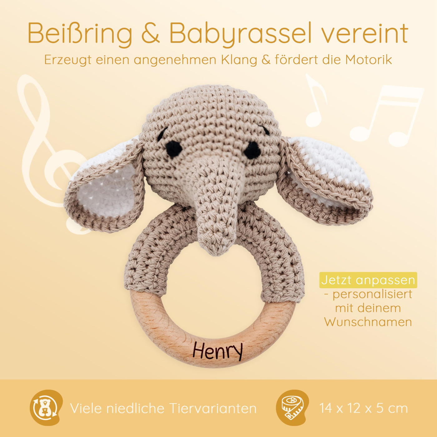 Bärenfreunde® - Personalisierter Beißring Baby - Niedlicher Greifling für Baby's ab 0 Monate - Babyrassel mit Name als Baby Geschenk für Mädchen und Jungen (Elefant,mit Name)