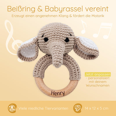 Bärenfreunde® - Personalisierter Beißring Baby - Niedlicher Greifling für Baby's ab 0 Monate - Babyrassel mit Name als Baby Geschenk für Mädchen und Jungen (Elefant,mit Name)