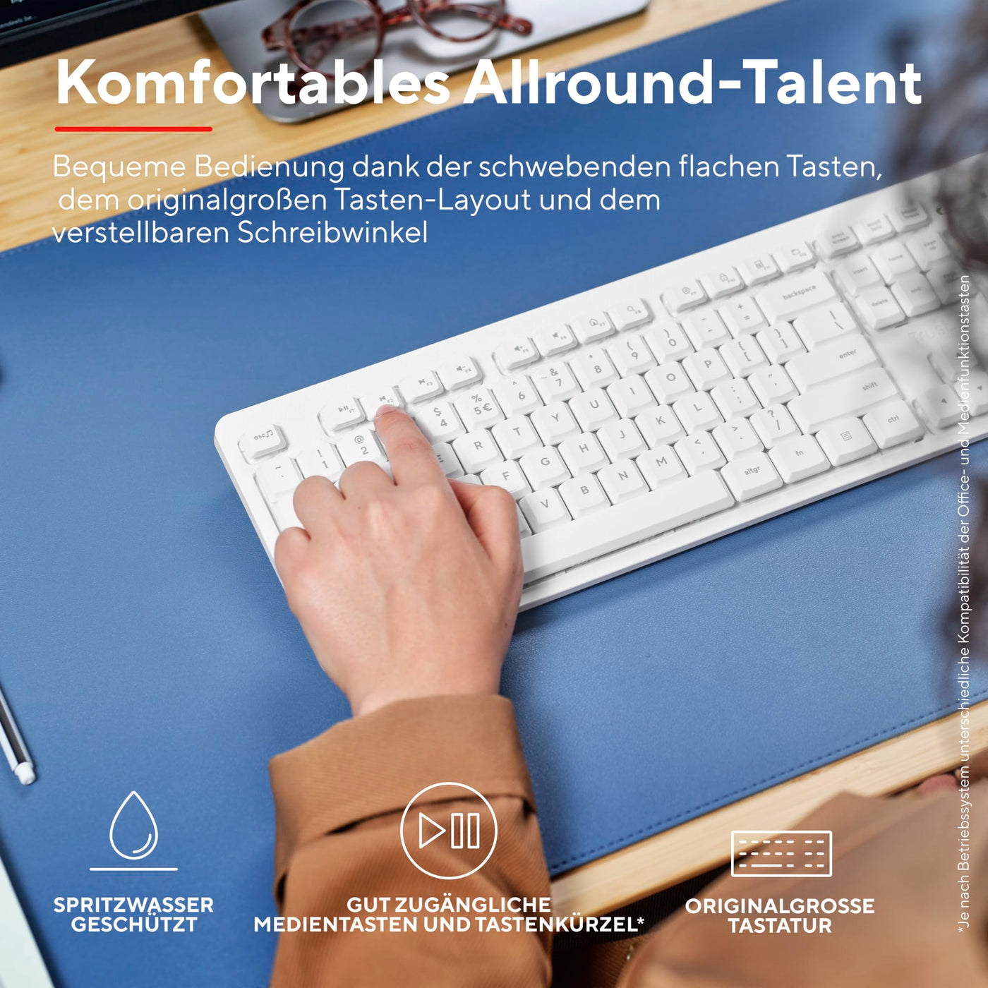 Trust ODY II Leise Tastatur Maus Set Kabellos Deutsches QWERTZ Layout, Flachen Tasten, Beidhändig Funkmaus 800-1600 DPI, Spritzwassergeschützt, EIN USB-Empfänger, für PC Computer Laptop Mac, Weiß