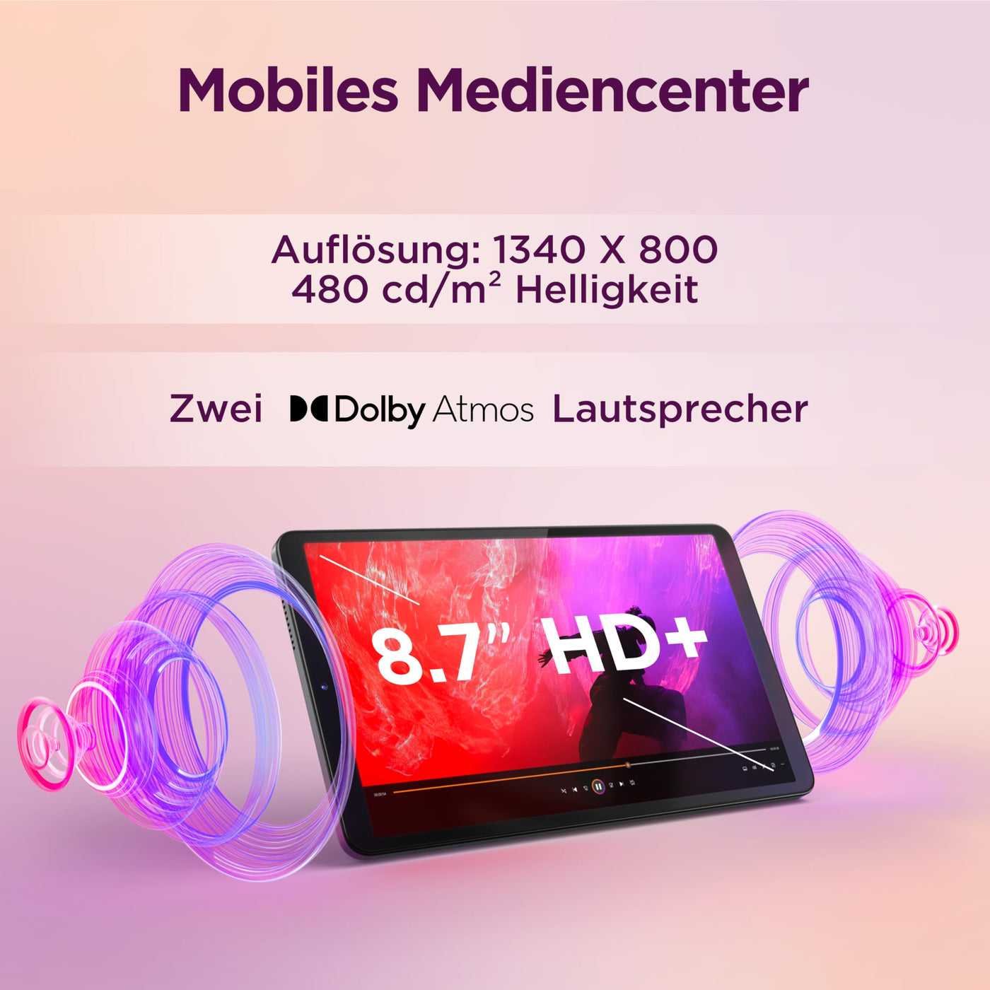 Lenovo Tab One Tablet | 8.7" 1340 x 800 LCD Display | MediaTek Helio G85 | 4GB RAM | 64GB Speicher | Android 14 | Luna Grey | inkl. Folio Case