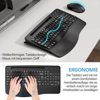 Kabelloses Ergonomisches Tastatur und Maus Set, Moojay 2,4G Wiederaufladbares Quiet Wave Tastatur und Maus Set in Voller Größe mit Handballenauflage und Telefonhalter für Laptop/PC/Mac/Windows–Schwarz