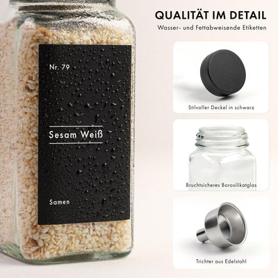 EDELHAUS Gewürzgläser Eckig Set mit Plastikdeckel (24 x 120ml) Gewürzstreuer mit Streueinsatz und 240 Etiketten Schwarz - Gewürzbehälter, Gewürzdosen, Gewürze organizer [10,7cm x 4,5cm]