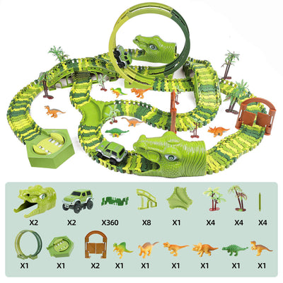 burgkidz Dinosaurier Rennstrecken Spielen Fahrzeuge Spielzeug Set, 387 Stück Flexible Dinos Bahngleise mit 360 Loop und Auto Turntable Spielset, 2 Rennwagen, Geschenk für Kinder ab 3 Jahren