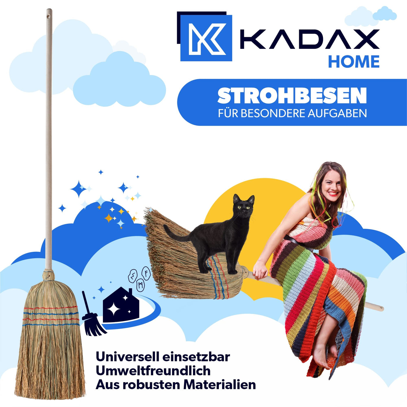 KADAX Reisstrohbesen, Reisigbesen, Besen mit langem Stiel aus Holz, funktionaler Strohbesen, Besen aus Sorgogras, Hexenbesen, Hofbesen aus Reisstroh (L: 140 cm)