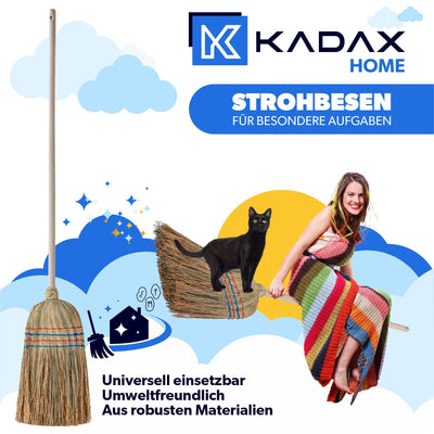 KADAX Reisstrohbesen, Reisigbesen, Besen mit langem Stiel aus Holz, funktionaler Strohbesen, Besen aus Sorgogras, Hexenbesen, Hofbesen aus Reisstroh (L: 140 cm)